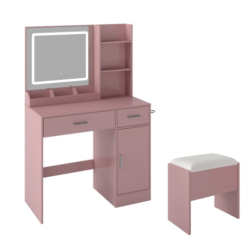 Lavin Pink Makeup Vanity Set with LED Mirror, Charging Station, Stool, 2 Drawers, Open Shelves & Storage Cabinet