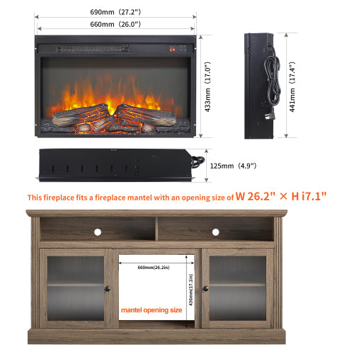 26 inch electric fireplace insert, ultra thin heater with log set & realistic flame, remote control with timer, overheating protection