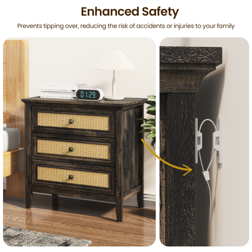 Dark Rustic Oak 3-Drawer Rattan Farmhouse Dresser Nightstand