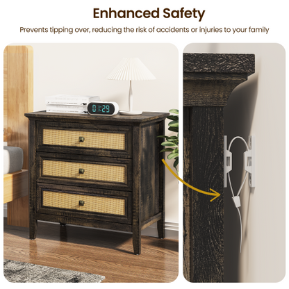 Dark Rustic Oak 3-Drawer Rattan Farmhouse Dresser Nightstand