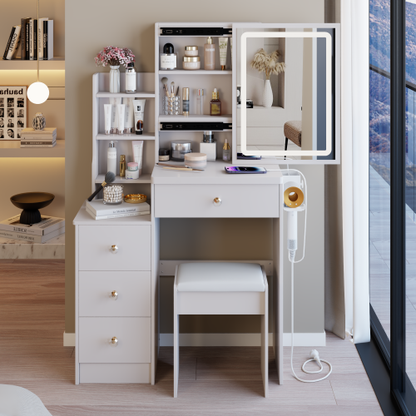 29.2inch  Small Size Left Bedside Cabinet Vanity Table + Cushioned Stool, 2 AC+2 USB Power Station, Hair dryer bracket, Extra Large Touch Control Sliding LED Mirror, Tri-color Switching, Brightness Adjust