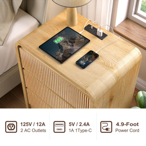 Natural Fluted 3-Drawer Nightstand with Charging Station, Mid-Century USB Bedside Table