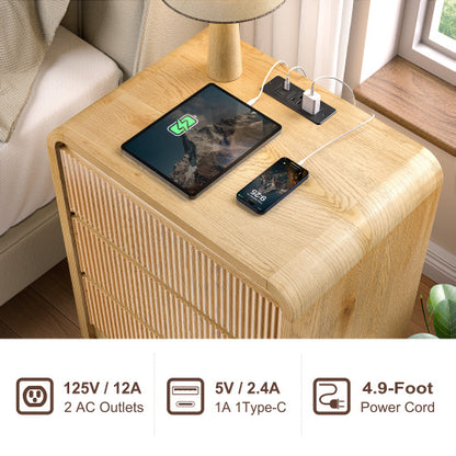 Natural Fluted 3-Drawer Nightstand with Charging Station, Mid-Century USB Bedside Table