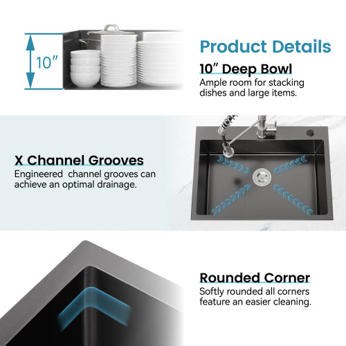 Stainless Steel Kitchen Sink, 30″x19″ Single Bowl, Overmount Handmade Sink in Black, with US Standard Drain and Hook