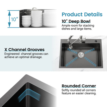 Stainless Steel Kitchen Sink, 30″x19″ Single Bowl, Overmount Handmade Sink in Black, with US Standard Drain and Hook