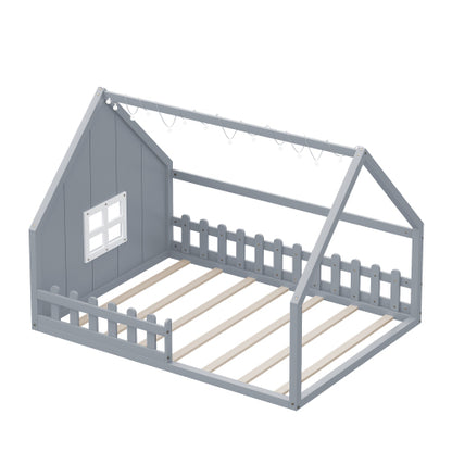 Full Size Wood House Bed with Window and Fence, Gray