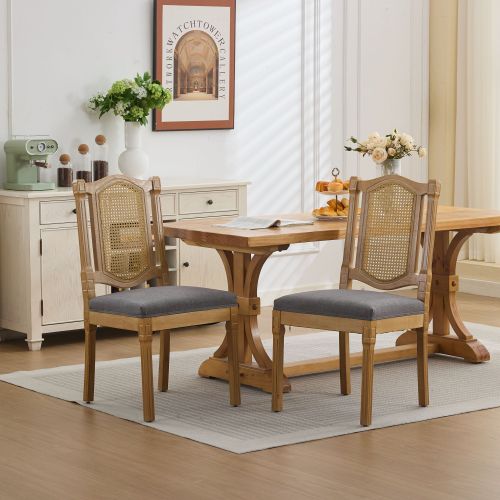 Set of 2 Gray All-Solid Wood Rattan Back Dining Chairs, S-Spring Matte Linen Cushion Rustic Caf¨¦ Side Chairs