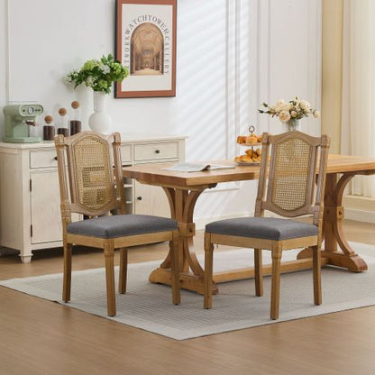 Set of 2 Gray All-Solid Wood Rattan Back Dining Chairs, S-Spring Matte Linen Cushion Rustic Caf¨¦ Side Chairs