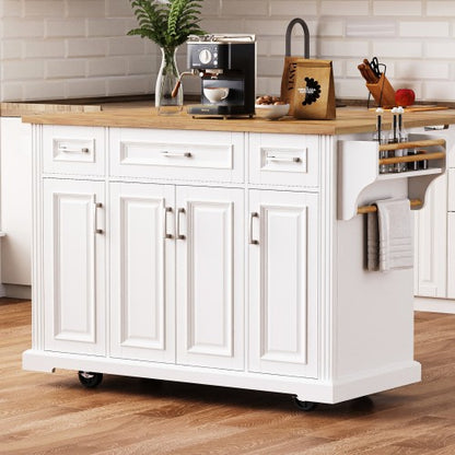 54 Inch Rolling Kitchen Island with Drop Leaf Drawers & Wheels White