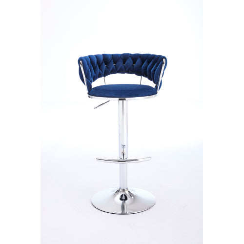 Set of 2 Bar Stools,with Chrome Footrest and Base Swivel Height Adjustable Mechanical Lifting Velvet + Chrome  Leg Simple Bar Stool-BLUE