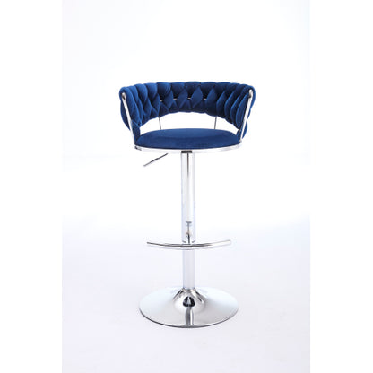 Set of 2 Bar Stools,with Chrome Footrest and Base Swivel Height Adjustable Mechanical Lifting Velvet + Chrome  Leg Simple Bar Stool-BLUE