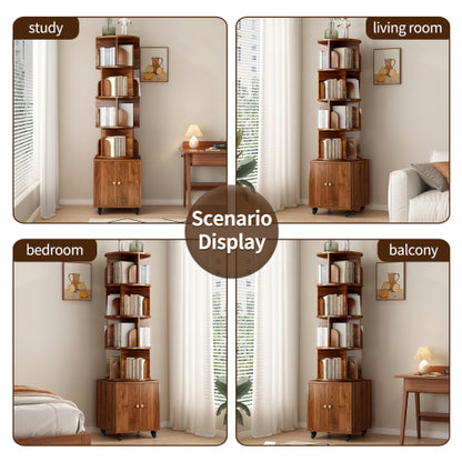 Walnut 5-Tier Rotating Bookshelf with Closed Drawer, Retro Solid Wood Narrow Corner Home Book Organizer