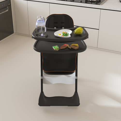 Black Foldable Baby High  Dining  Chair for 0-6 Years, 5 Height Adjustable, 5-Point Safety Belt, Lockable Wheels