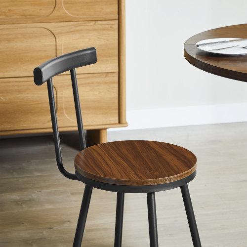 3-Piece Bar Table and Stool Set 31.5-inch round bar table with two stools Compact wooden dining bar with metal ring footrest Ideal for restaurants, cafes, bars, living rooms, and small spaces,Walnut