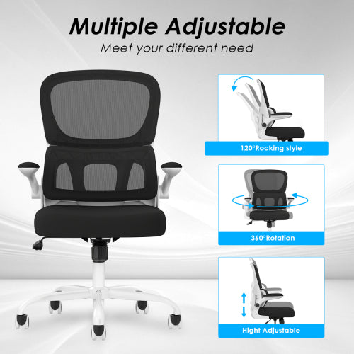 Office Chair, Mesh Ergonomic Office Chair with Lumbar Support, Comfy Computer Desk Chair with Flip Armrest Rolling Wheels for Home Study Room Office, White & Black