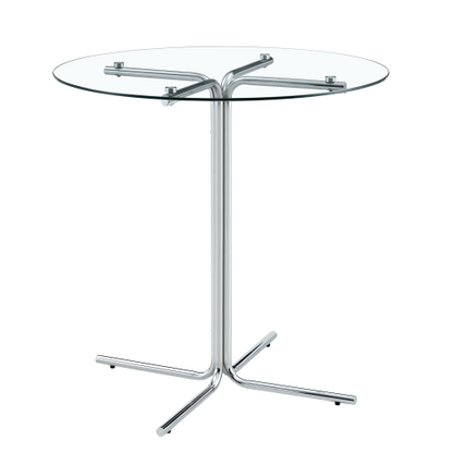 Round glass bar high table, 36 inch round bar table, tempered glass tabletop, sturdy silver chrome plated four column support, suitable for transparent round bar tables in small spaces, kitchens