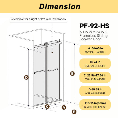 Frameless Double Sliding Shower Door 56-60 "W x 74" H, 5/16 "(8mm) Tempered Glass, Explosion Proof Film, Stainless Steel Handle, Square Tube Track, Matte Black