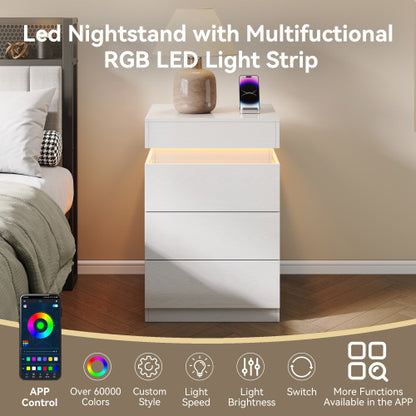 White Sliding-Top Nightstand with Charging Station & RGB LED Light, 3-Drawer APP Control Bedside Table