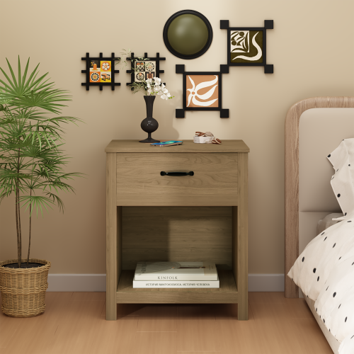 Wood Nightstand with Drawer and Open Shelf, Modern Bedside Table with Storage, Wooden End Table for Bedroom, Living Room or Apartment, Natural Finish, Brown