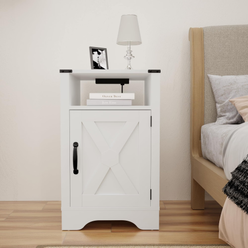 Farmhouse Nightstand with Charging Station, Wooden End Table with Storage Cabinet, White
