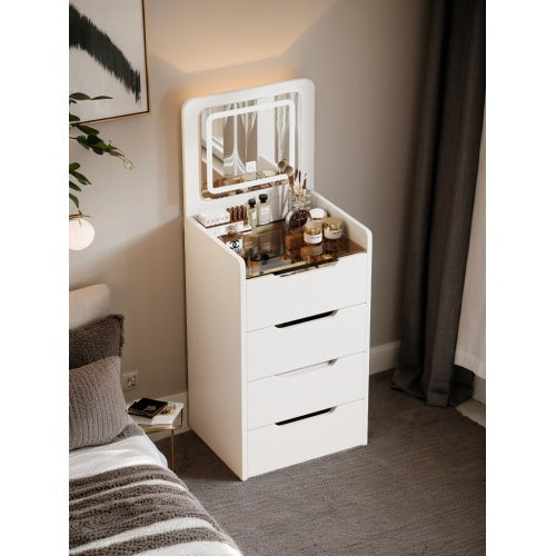 ( 48CM ) 3 in 1 Vanity Desk with Plip Top Mirror, Small Make Up Vanity Set with Visible Glass Desktop, Compact Makeup Vanity with 3 Drawers, Dressing Table for Bedroom ( WHITE COLOR )