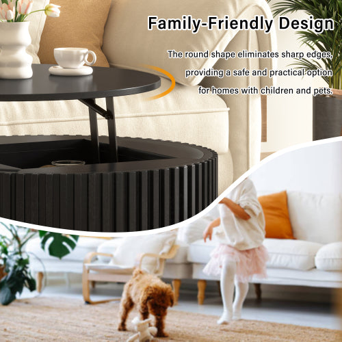 Round Lift Top Coffee Table, Fluted Wood Accent Table with Hidden Storage & Drawer, Solid Wood & MDF