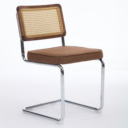 Set of 2 Coffee Cane Back Cantilever Dining Chairs, Linen Upholstered Chrome Double Steel Pipe Base 360 LBS Capacity