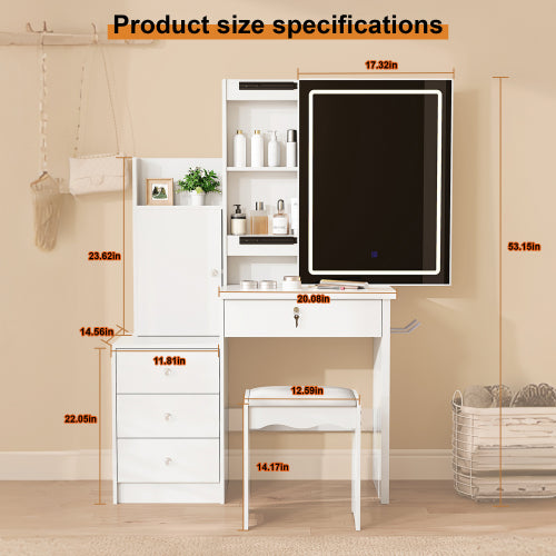 White Vanity Desk Set with Sliding Lighted Mirror, 4 Drawers & 9 Storage Spaces, Hidden Compartments, Cushioned Stool
