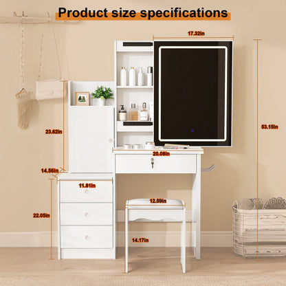 White Vanity Desk Set with Sliding Lighted Mirror, 4 Drawers & 9 Storage Spaces, Hidden Compartments, Cushioned Stool