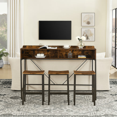 4-Piece 59inch  Bar Table Set with LED Light & Outlet, MDF Table & 3 Saddle Stools for Living Room