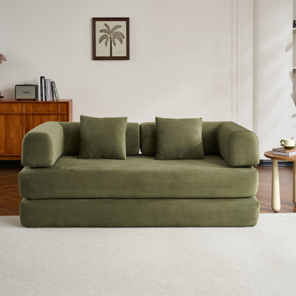 Green Corduroy Convertible Sleeper Sofa Bed with Cylindrical Pillow