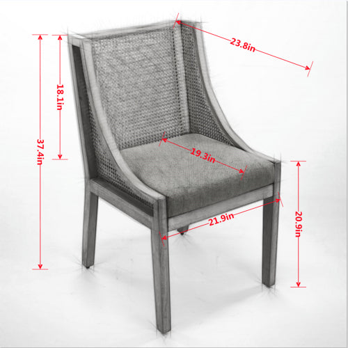 Single Olive Green Rustic Solid Wood Arm Rattan Dining Chair, Natural Finish Linen Upholstered Side Accent Chair