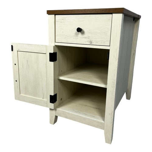 Brown White Farmhouse Nightstand with Charging Station