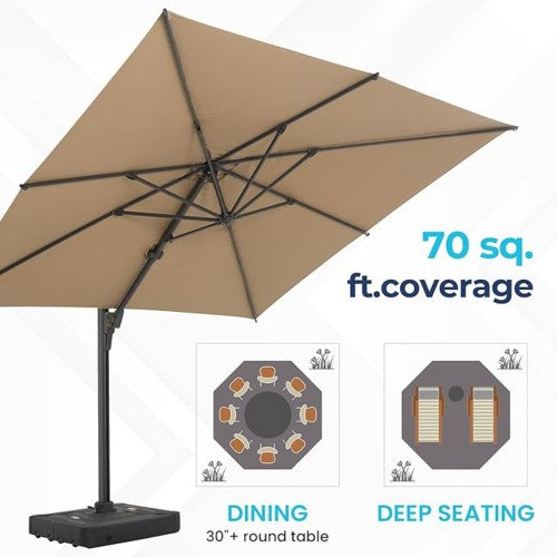10 Ft Khaki Square Large Cantilever Patio Umbrella with 360° Rotation & Tit Adjustment and Heavy Duty Offset Polyester Canopy Deck Umbrella without base.
