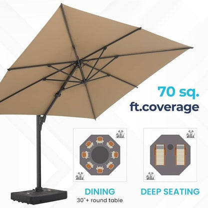 10 Ft Khaki Square Large Cantilever Patio Umbrella with 360° Rotation & Tit Adjustment and Heavy Duty Offset Polyester Canopy Deck Umbrella without base.