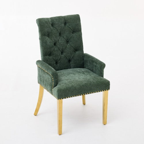 Tufted Chenille Dining Armchair with Nailhead Trim and Steel Legs, Olive Green