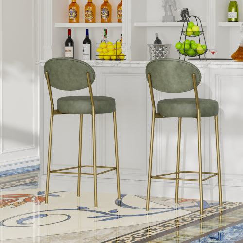 29inch  H Seat Height Upholstered Bar Stools Set of 2 Faux Leather Counter Dining Stool with Golden Legs Modern Round Kitchen Chairs (Green)