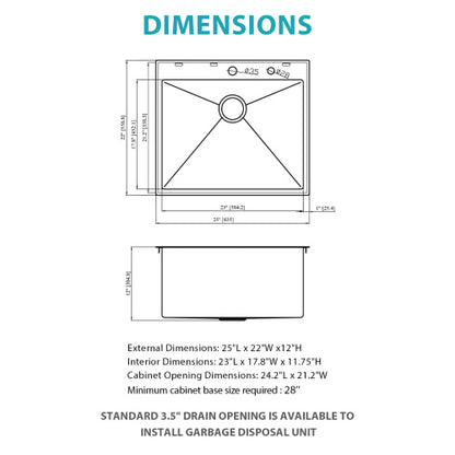 Laundry Sink Drop In - 25" x 22" x 12" Laundry Utility Sink 16 Gauge Stainless Steel Drop In Topmount Gunmetal Black 12 Inch Deep Single Bowl Above Counter Utility Laundry Room Sink Basin