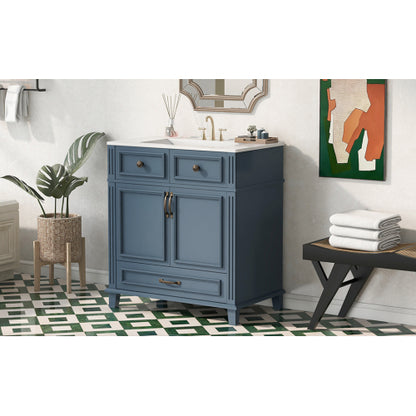 30'' Bathroom Vanity with Ceramic Sink,Solid Wood Frame Bathroom Storage Cabinet with Soft Closing Doors,Retro Style, Blue