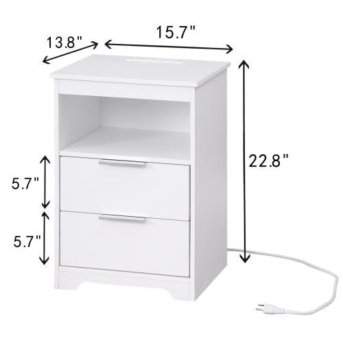 White Wooden Nightstand with Charging Station, 2 Drawers & Open Shelf Modern Side Table