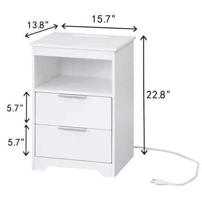 White Wooden Nightstand with Charging Station, 2 Drawers & Open Shelf Modern Side Table