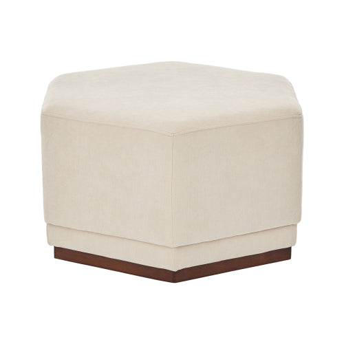 Modern Hexagon Chenille Ottoman, Beige Upholstered Footrest with Solid Wood Base, Fully Assembled Accent Stool