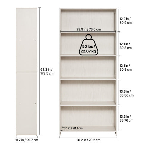 68.3 Inch White 5-Tier Wide Anti-Tip Freestanding Open Bookshelf