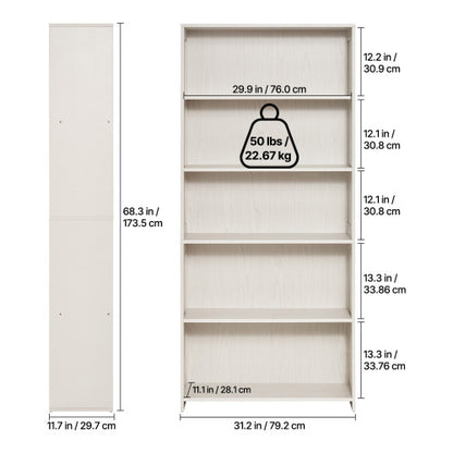 68.3 Inch White 5-Tier Wide Anti-Tip Freestanding Open Bookshelf