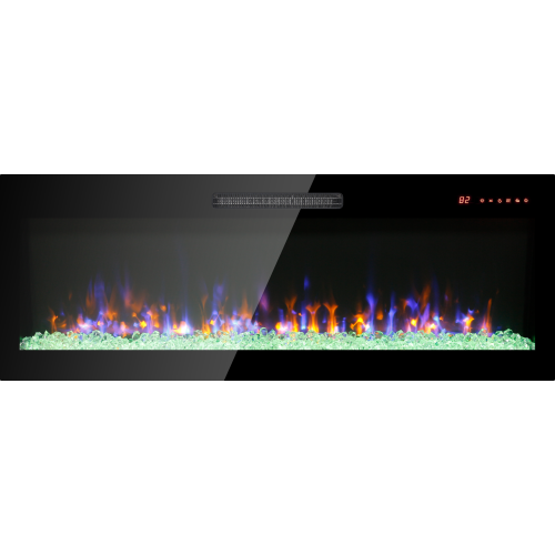 60 inch recessed ultra thin tempered glass front wall mounted electric fireplace with remote and multi color flame & emberbed, LED light heater