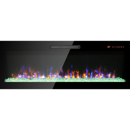 60 inch recessed ultra thin tempered glass front wall mounted electric fireplace with remote and multi color flame & emberbed, LED light heater