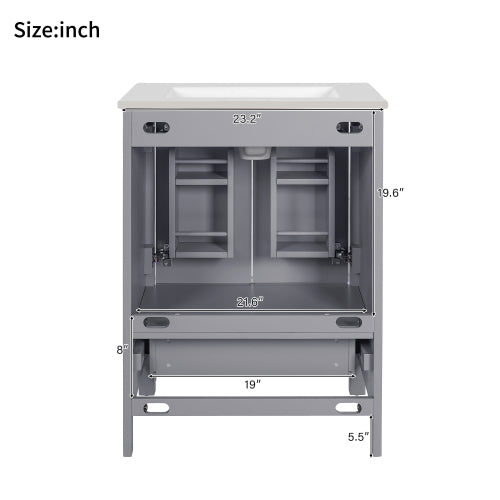 24-inch bathroom vanity with integrated undermount basin and a storage cabinet featuring 2 doors and 1 drawer. Includes double-layer door shelf, soft-close design, and versatile storage solutions