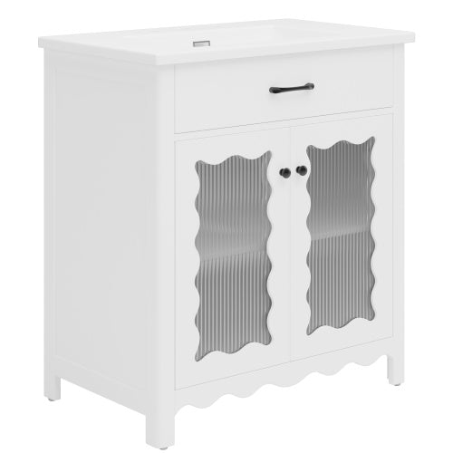 31" Bathroom Vanity with Tempered Glass, Modern Bathroom Cabinet with Rubber Wood legs and Soft close Doors, White