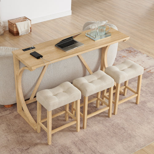 4-Piece 59inch  Bar Set with Outlet, Solid Wood Frame & 3 Linen Stools