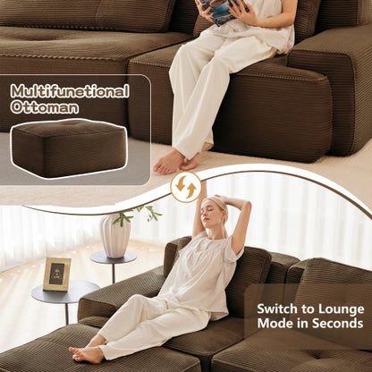 82-Inch Brown Corduroy L-Shaped Modular Sectional Tufted Sofa with Movable Ottoman No-Assembly